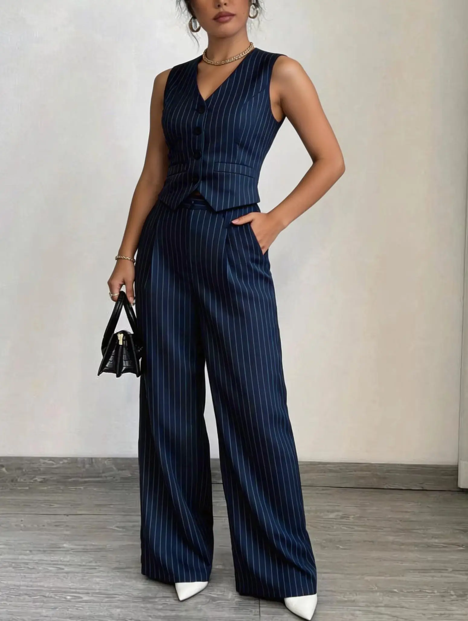 

Women's Casual Button Vest & Straight Leg Pants Set with Pockets, Simple Fashion Versatile 2 Piece Outfit for Office Work Commut