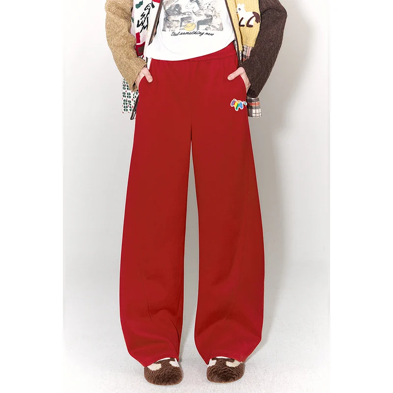 ELFSACK Trendy Red Wide Leg Pants, Easy to Match with Sweaters & Blazers, Comfortable Loose Fit, Autumn Winter Women's Trousers