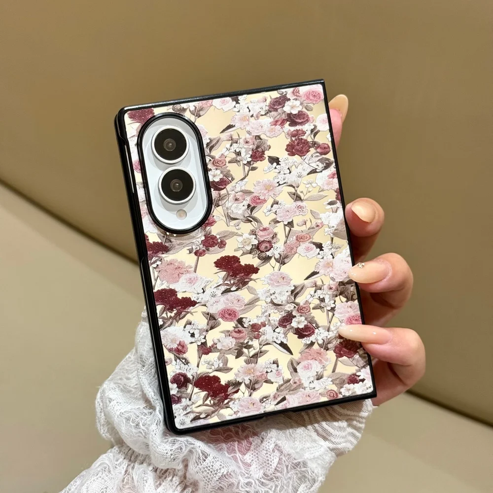Vintage Floral Mirror Phone Case For Samsung Galaxy Z Fold 8, Z Fold 8 Ultra, Z Fold 7 Cover Fashion Shockproof Protective Cases