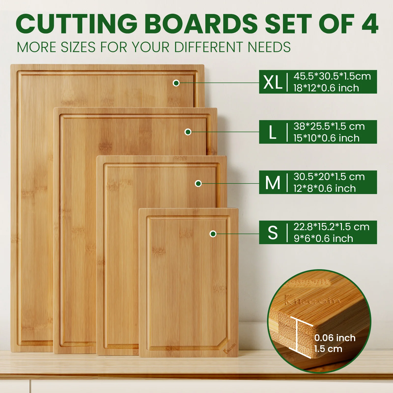 4-piece extra large kitchen bamboo cutting board set, heavy duty cutting board with juice groove, inner handle design.