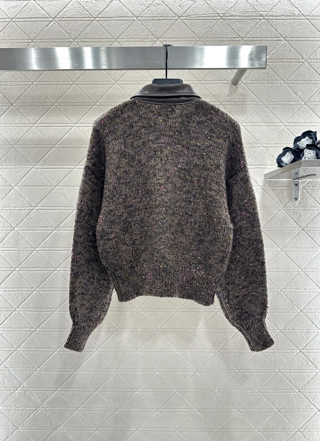 

2025 Autumn/Winter Fashion New Women's Clothing Patchwork Leather Lapel Knitted Zipper Jacket T-shirt Sweater Top