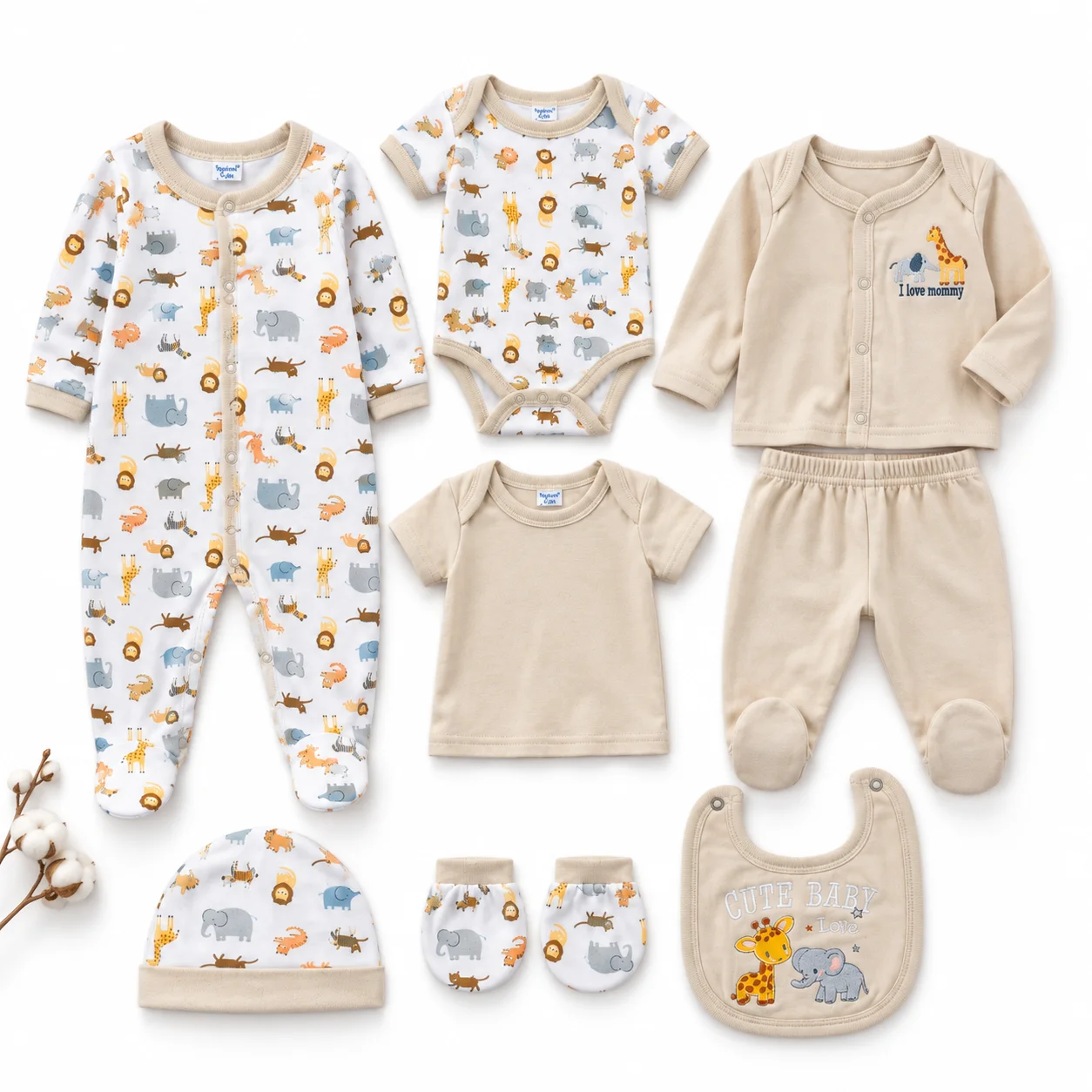 8Pcs Newborn Baby Clothes Set Safari Animal Print Footed Romper Bodysuit Cardigan Pants Bib Hat Mittens Infant Outfit