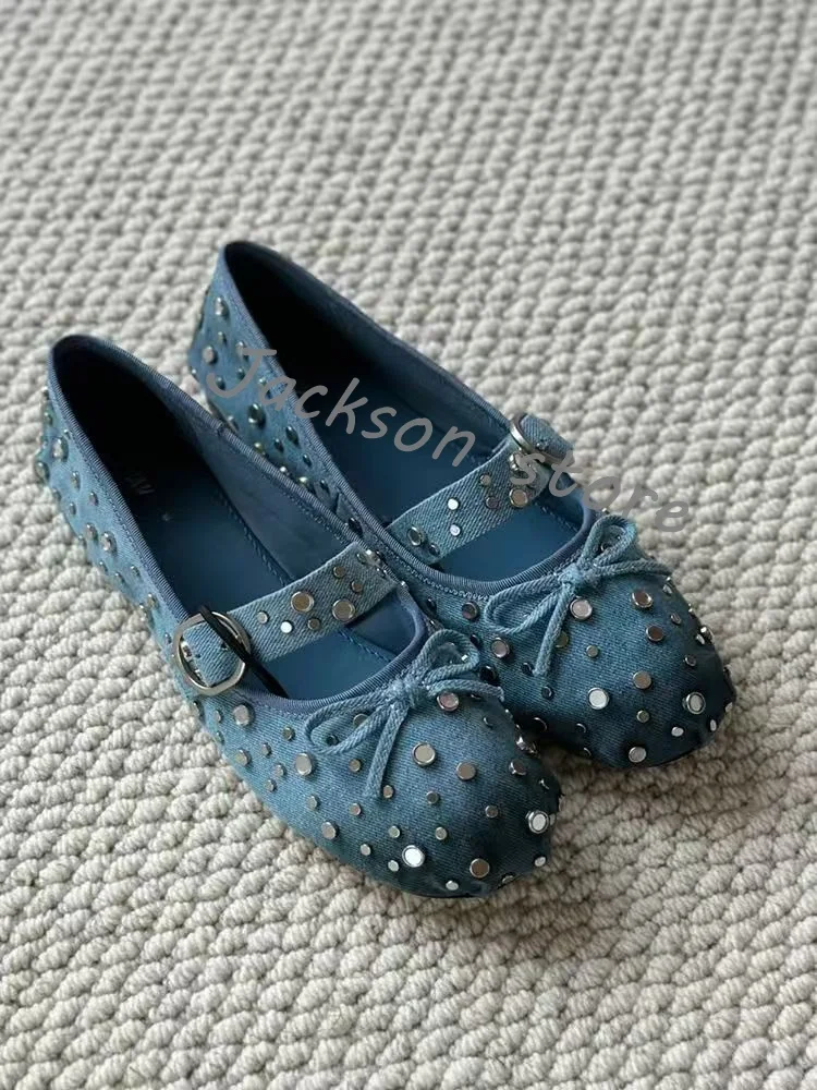 Vintage Bow Flat Bottom Ballet Shoes Blue Rhinestone Denim Casual Women Shoes Buckle Trendy Loafers Female Dress Shoes