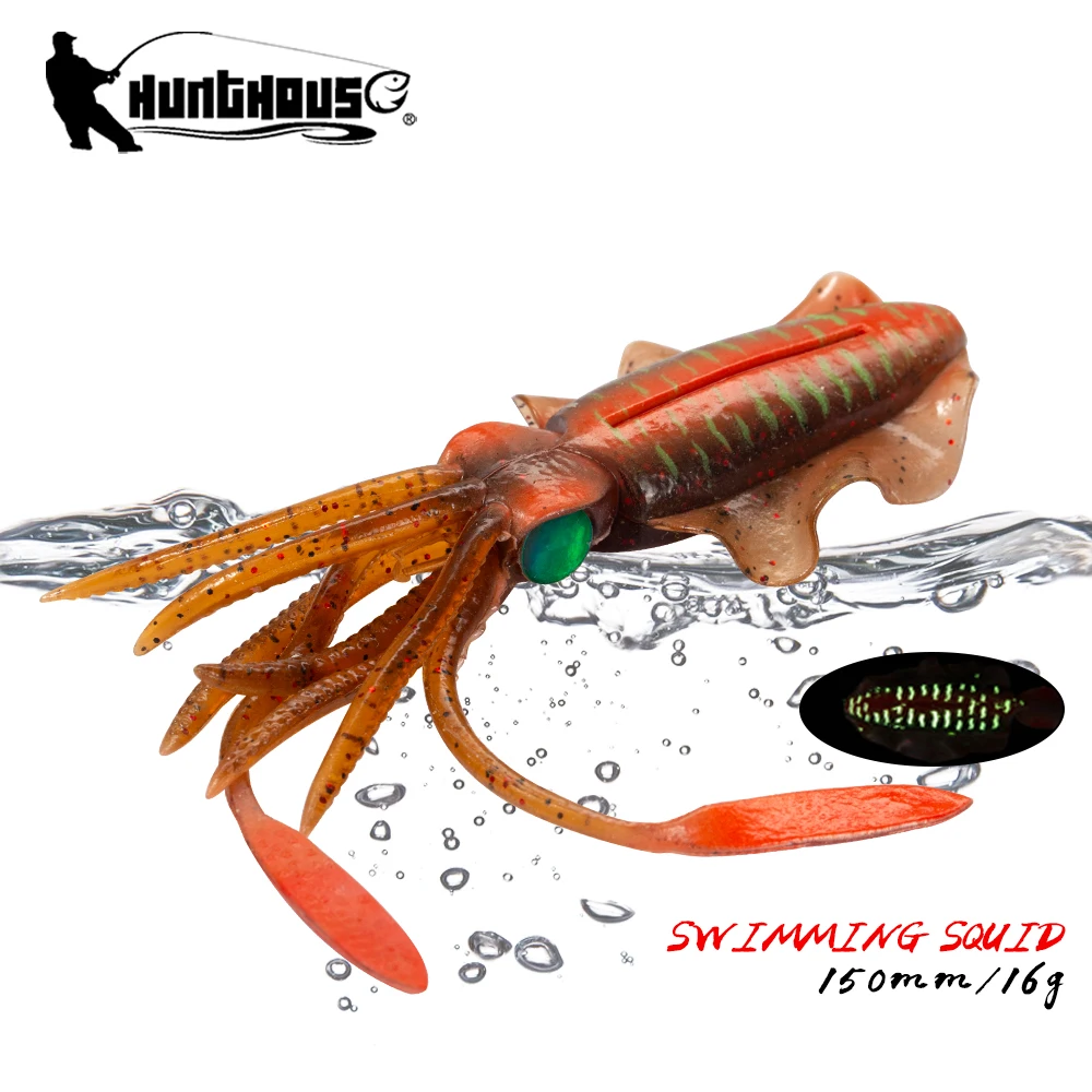 

Hunthouse Squid Soft Lure Swim Fishing Jig Bait 150mm/16g Luminous PVC Wobbler Saltwater pesca Cuttlefish Spinner Bait Tackle
