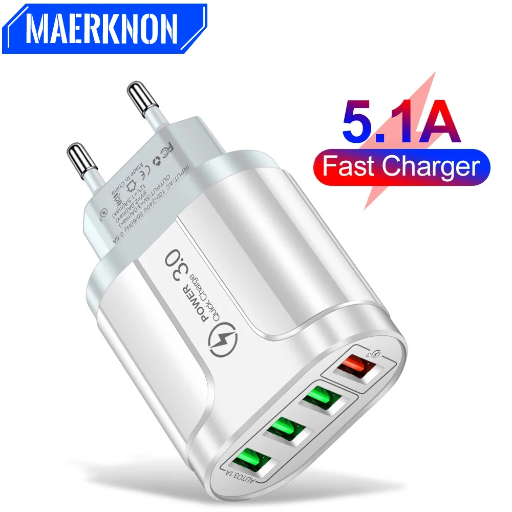 5.1A 45W USB Charger Fast Charge QC 3.0 Wall Charging For iPhone 13 15 Samsung Xiaomi Mobile 4 Ports EU US Plug Adapter Travel