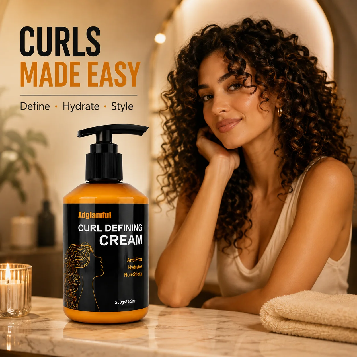 Adglamful Curl Defining Cream 250g, Anti-Frizz Hydrating Curl Cream, Non-Sticky Styling Cream for Curly & Wavy Hair