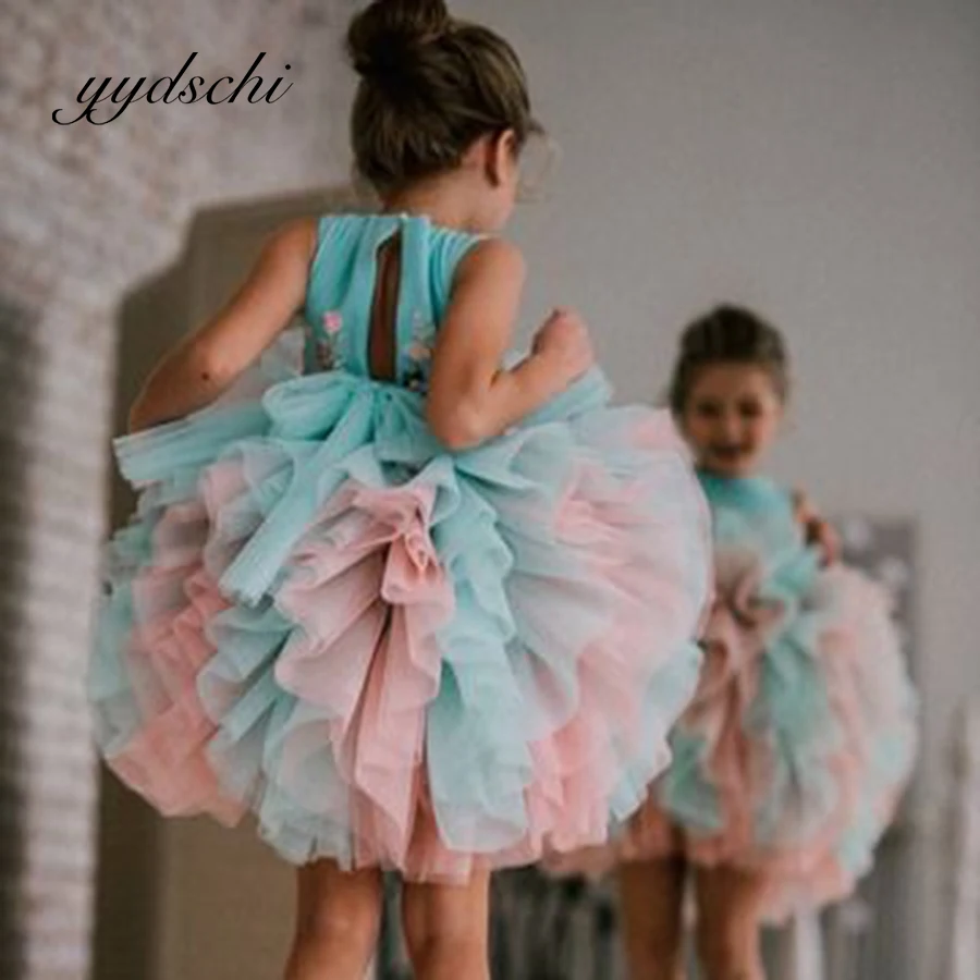 

Flower Girl Dresses for Wedding Sleeveless Cyan Pink Applique Ball Gown Cute Tulle Elegant Beach Knee Length Party Pleat Dress