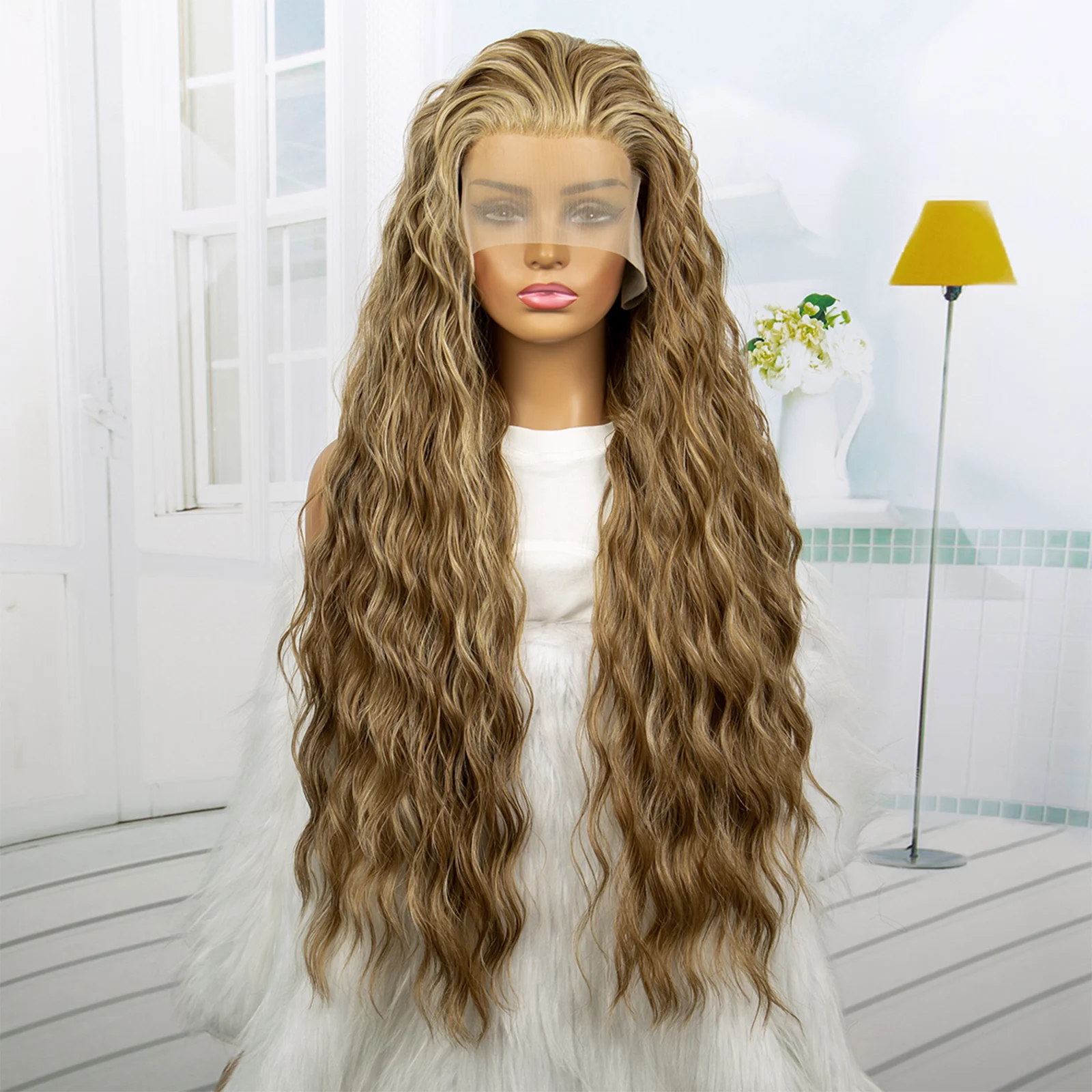 Water Curly Synthetic Wigs Lace Front Wig 32 Inch Lace Wig Blonde Highlights Wig Natural Hairline for Women Daily Wear