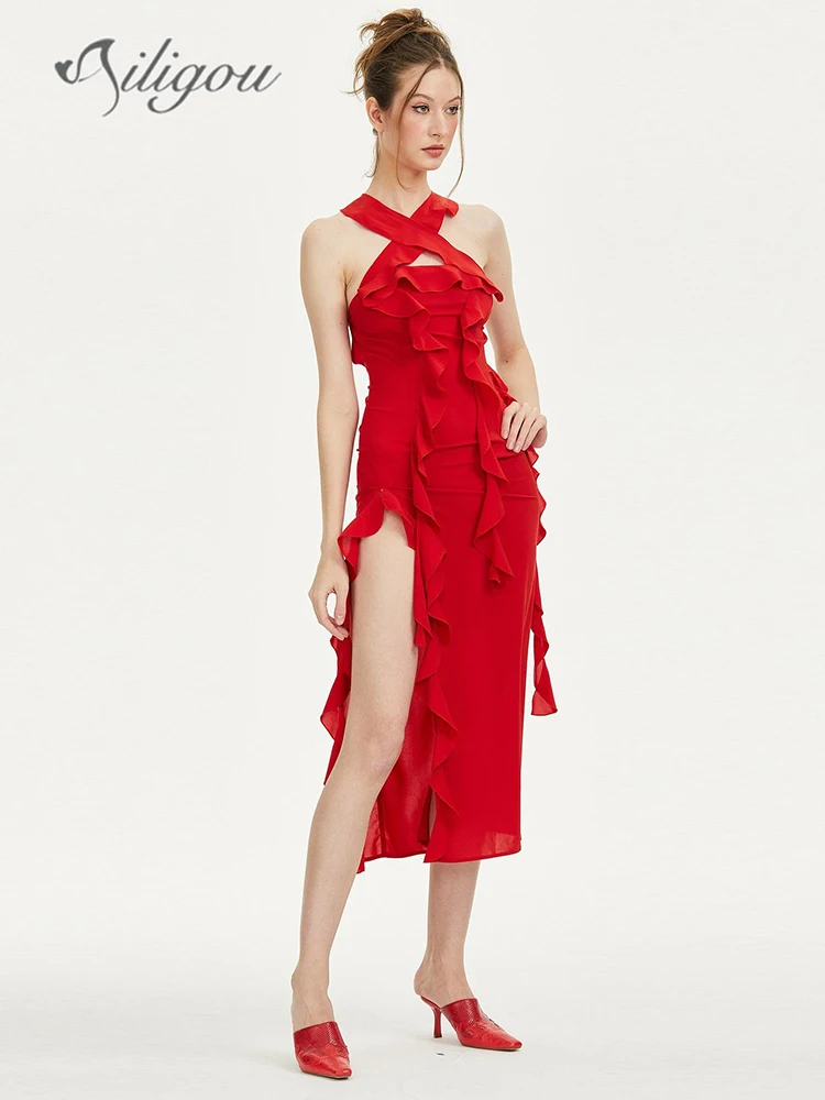 

Ailigou 2023 New Summer Women's Sleeveless Red Sexy Ruffle Edge Tight Strapless Midi Dress Elegant Celebrity Party Dress