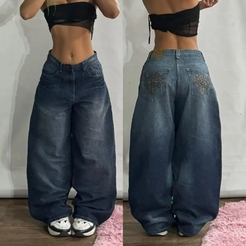 Amerykańska nowa moda wzór geometryczny haftowane workowate dżinsy damskie Y2K Harajuku Vintage hip-hop popularne codzienne spodnie z szerokimi nogawkami — zdjęcie 2