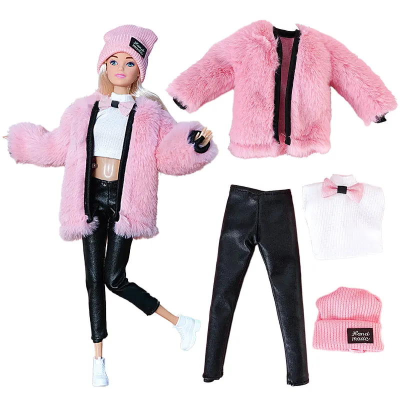 1 Set Doll Clothes For Barbie Plush Coat Jacket Dress Hats Sweater Earrings Necklace For 30cm Barbie Doll Accessories Girl\'s Toy