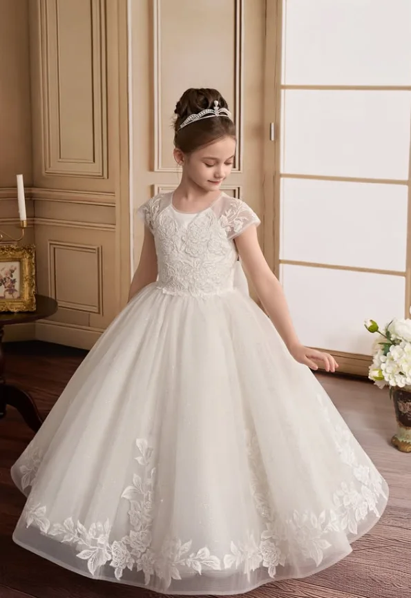Customization Weddings Ivory Lace Elegant Princess Kids Flower Girl Dresses For Little Bride Evening Party First Communion Gown