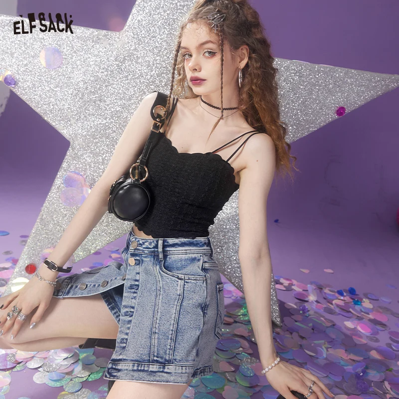 

ELFSACK Elegant Lace Camisole for Women, Double Strap Scalloped Crop Top, Gothic Aesthetic Y2K Backless Slim Fit Tank Top