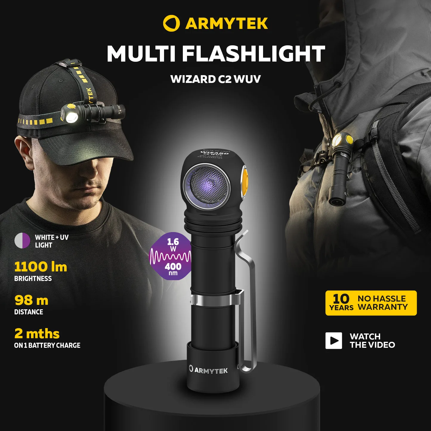 Armytek Wizard C2 WUV Magnet USB (White and ultraviolet light) 1100 lm/1595 mW (400 nm) LED Headlamp with 1x18650 battery