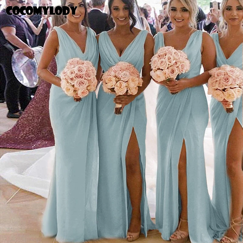 COCOMYLODY Simple Long Bridesmaid Dresses Pleat V-Neck Front Slit Chiffon Bridal Gown for Wedding Party Reception Event