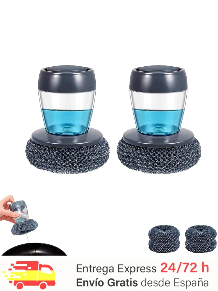 2ud brush with soap dispenser for the kitchen. Scrubbing scourer and cleaning utensils, tableware, pots, pans. Non-stick Pet Material with 4 spare sponges.