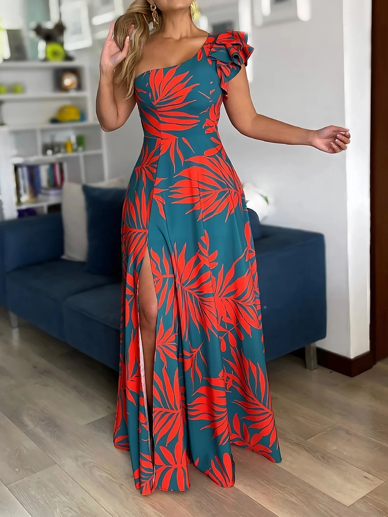 Sukienka maxi na jedno ramię z tropikalnym nadrukiem dla kobiet z rozcięciem Elegancki styl casualowy Tkana kamizelka na wiosnę/lato/jesień — zdjęcie 2