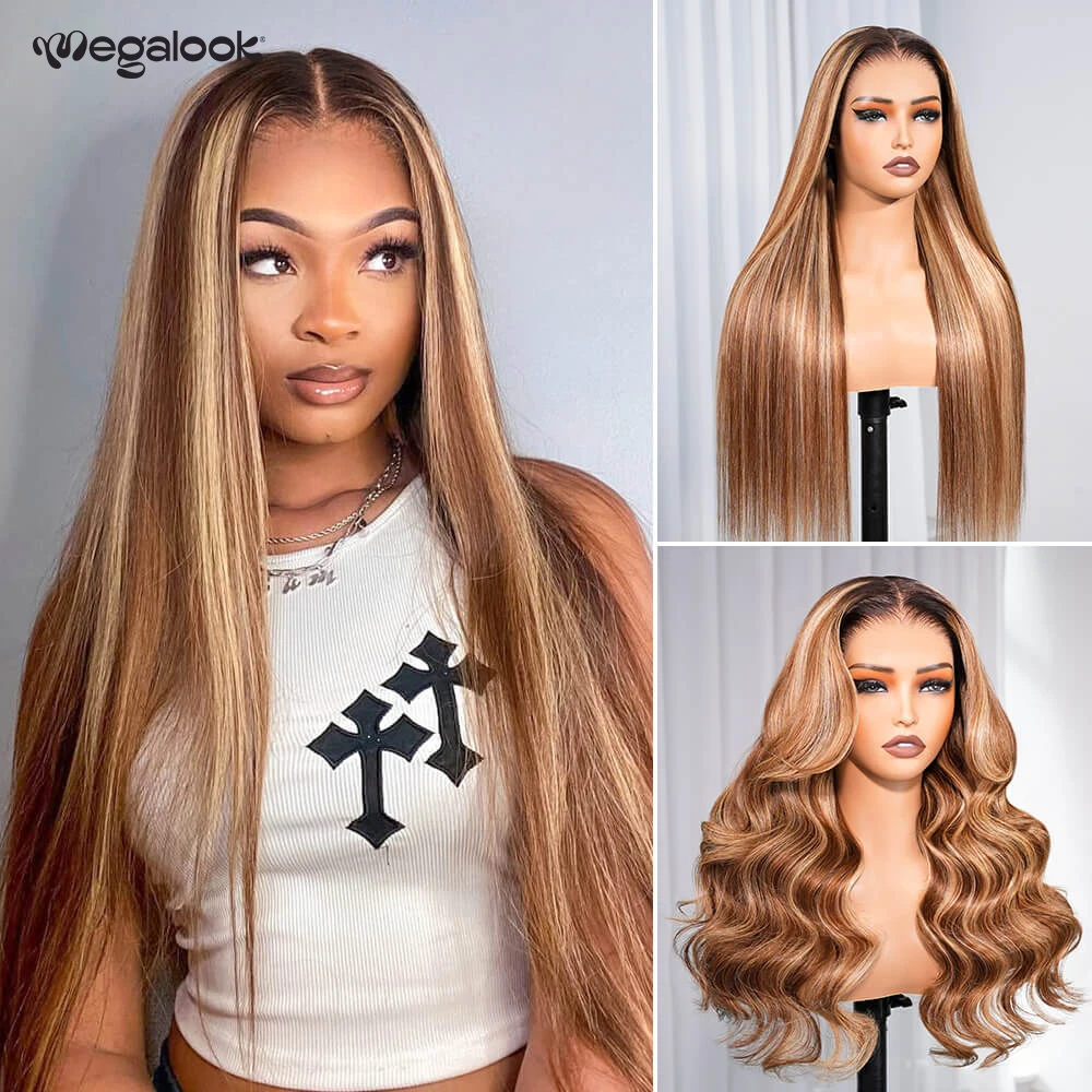 Megalook 13x6 Glueless Lace 2p427 Straight Honey Blonde Highlight 100% Virgin