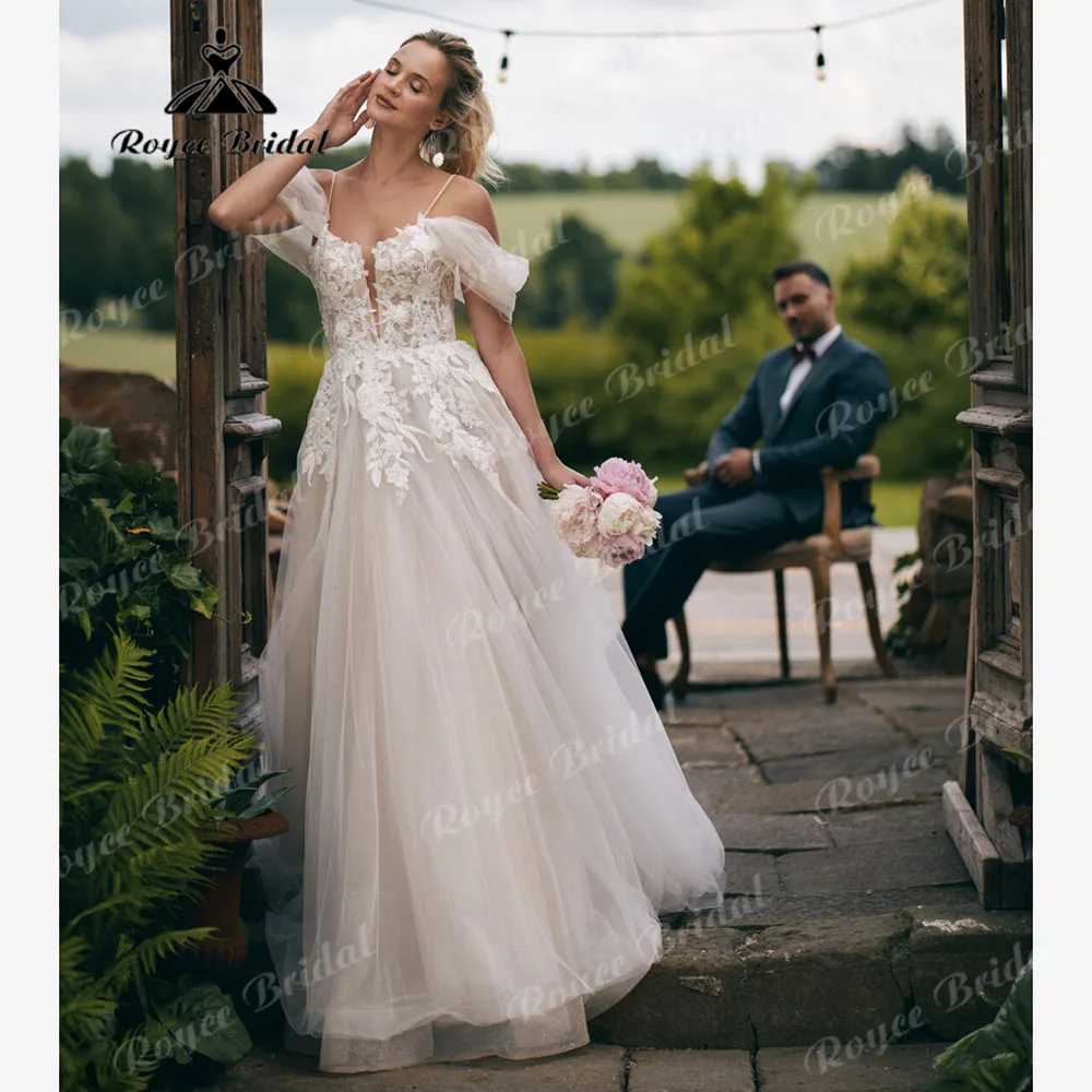 בווסטידוס boda תחרה אזרחית boho חוף ספגטי שמלת כלה עם שרוול כובע שמלת כלה 2024 לנשים supnie סקסי