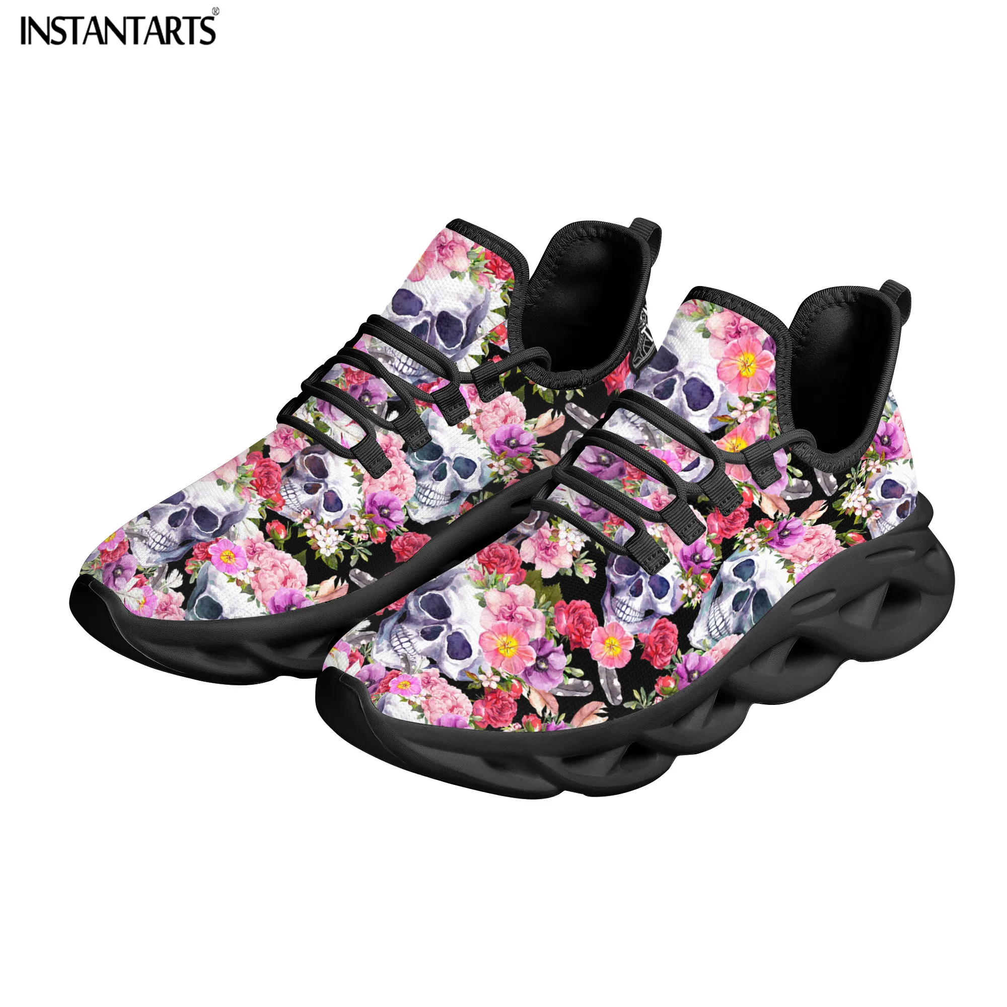 INSTANTARTS Women Lace-up Sneaker Floral Skull Prints Light Vulcanized Footwear Personality Fashion Leisure Shoes for Teen Girls