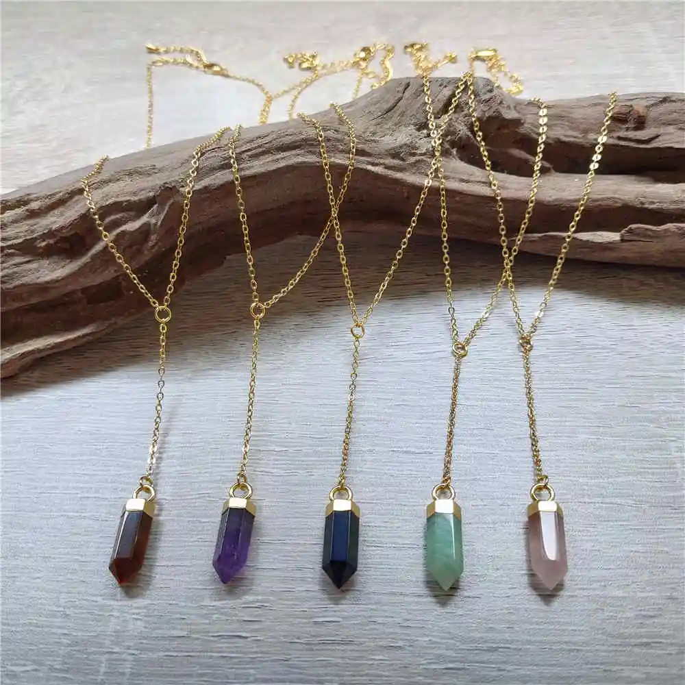 FUWO Wholesale Natural Crystal Quartz Neckace,Cute Y Shape Chain Crystal Piont With Golden Chain Jewelry 5 Pcs/Lot NC125Y