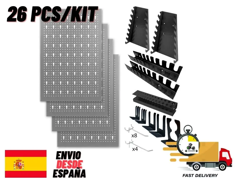 Tool Panel 160*60*2Cm, Kit of 4 metal perforated panels 40x60x2Cm + 22 pieces tool ordering Kit (Pegboard). Multipurpose tool holder organizer. HPTH-01GR (gray/black)