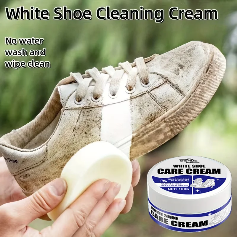White Shoe Cleaner Cream: Stain remover & whitening for sneakers, canvas, faux leather—easy no-rinse formula.