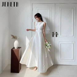 JEHETH Satin Scoop Neck Korea Wedding Dress Women A-Line Simple Pearl Bridal Gown Elegant Backless Sleeveless 웨딩드레스 Ankle-Length