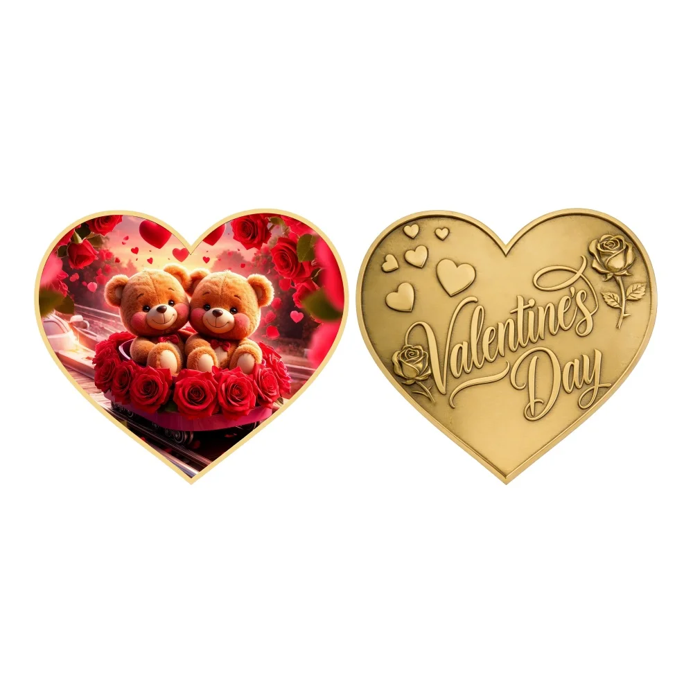 Wholesale Valentine's Day Heart Shape Gold Plated Coin Assorted Designs Teddy Bear/Cupid Lover Gift Collectible Crafts Souvenir