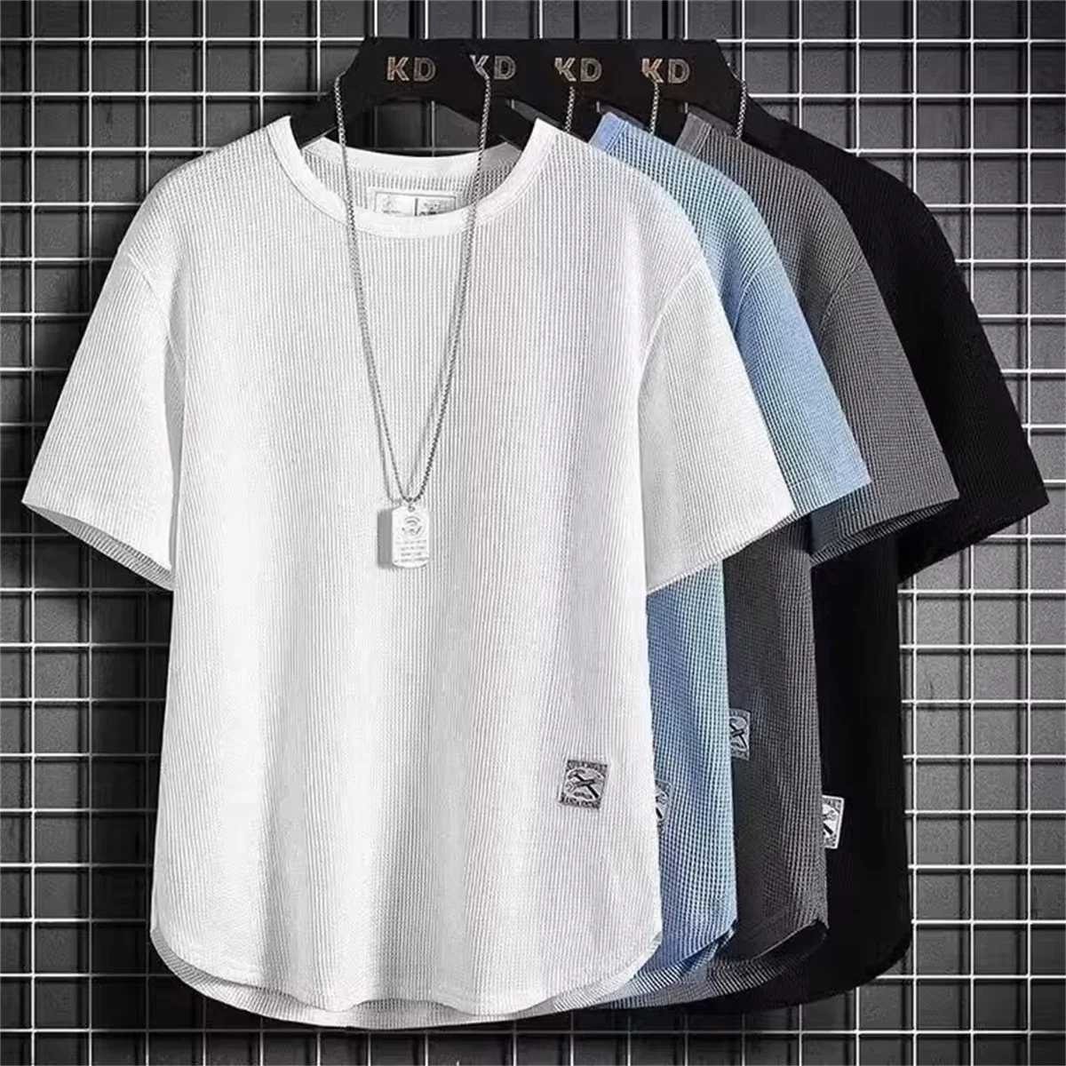 Modische Lack-Waffel-T-Shirts für Herren, Lässige Übergroße Oberteile, Koreanischer Stil, Atmungsaktive Qualität, Unisex Kurzarm-T-Shirts, Trendige Herrenbekleidung – Detail 1