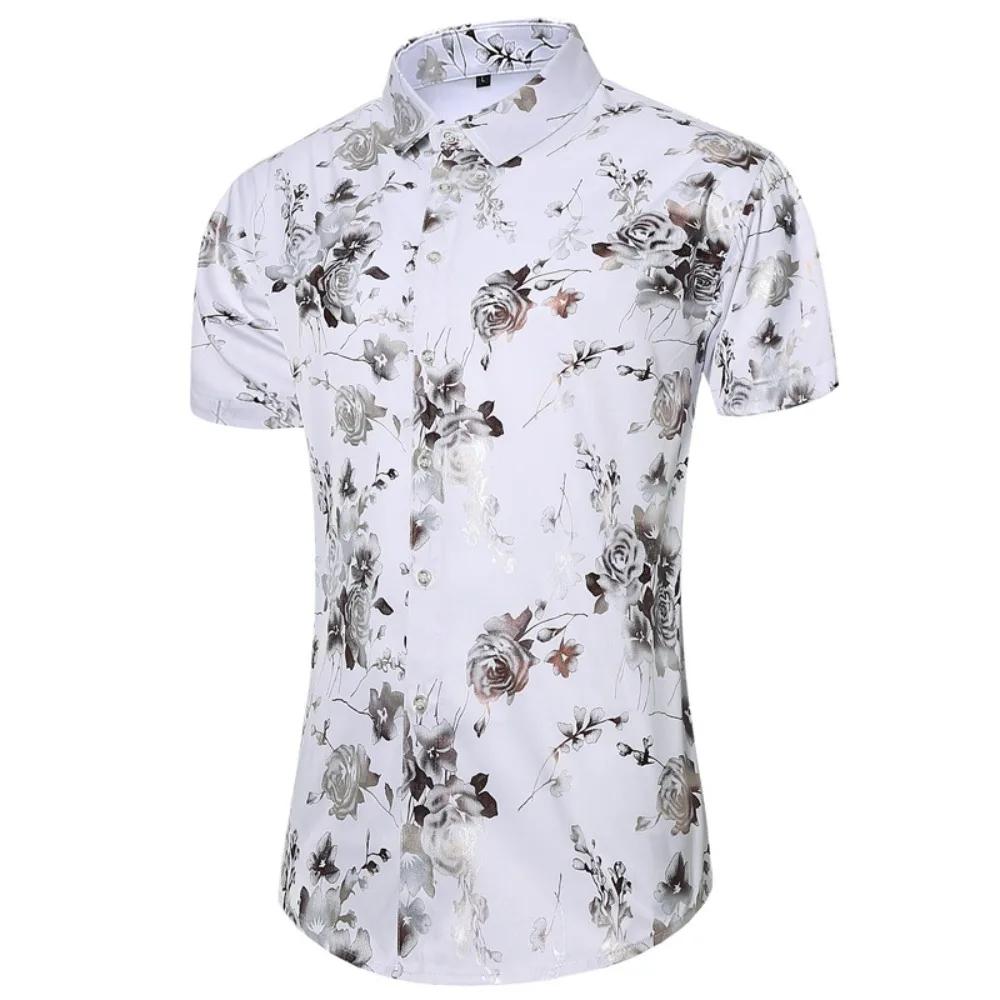 قميص رجالي بأكمام قصيرة وطبعة زهور - كاجوال بأزرار بيضاء مع نمط وردي للصيف