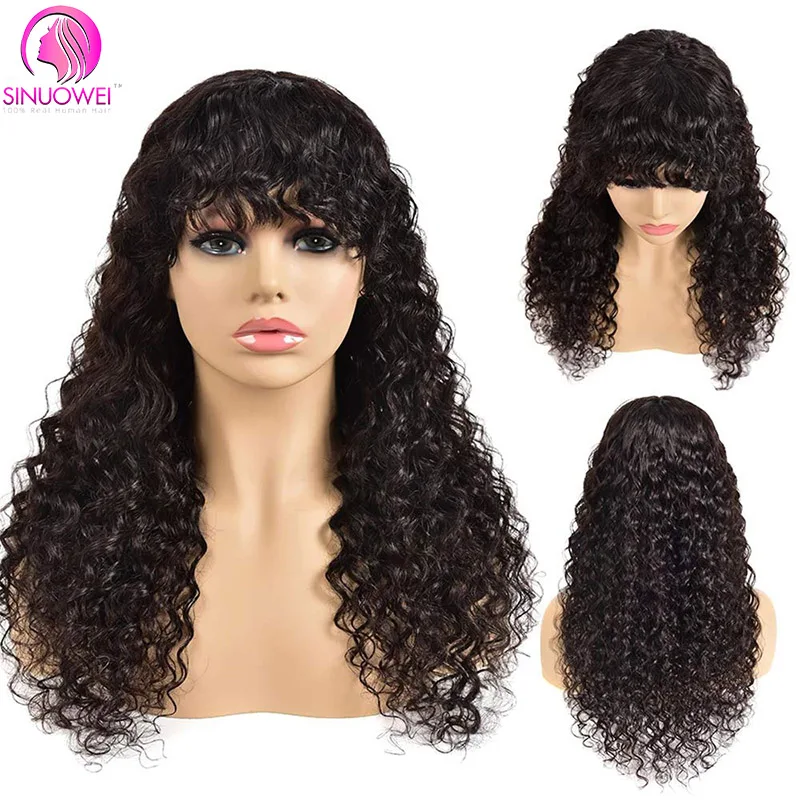 Water Wave Human Hair Wig With Bangs Full Machine Made Wet and Wavy Glueless Deep Wave Wig None Lace Brazilian Water Wave Wigs