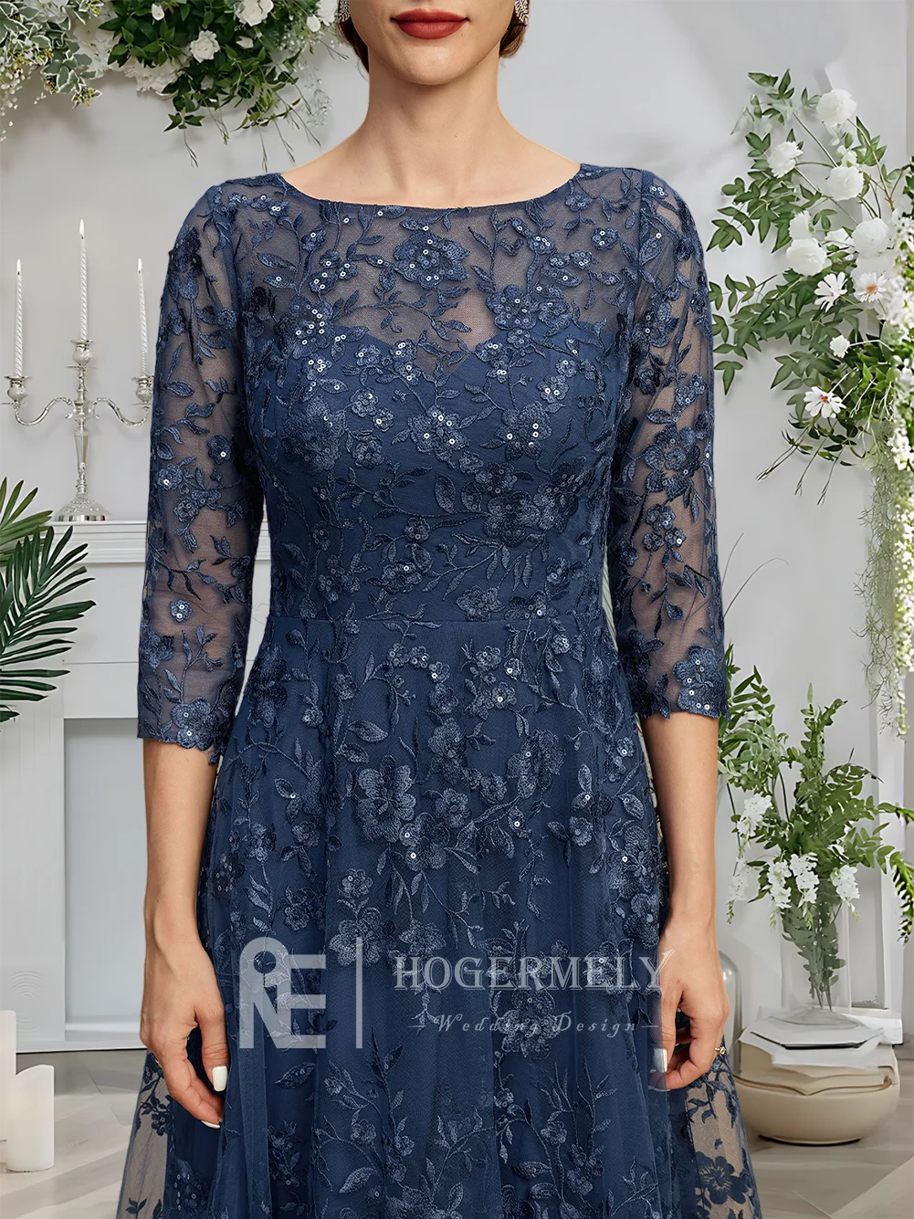 Uma mãe da noiva vestido elegante vestido de noite azul marinho a linha até o chão renda colher 3/4 manga cocktail festa casamento