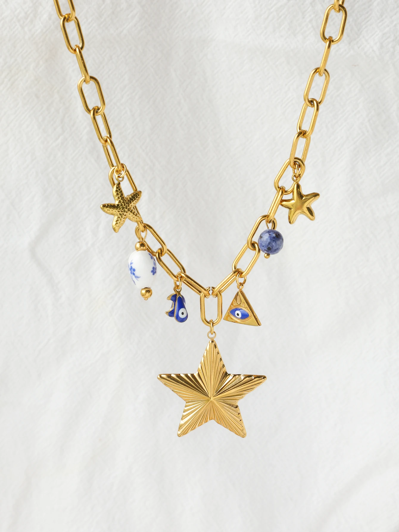 قلادة نسائية على شكل نجمة نجم البحر باللونين الأزرق والأبيض من البورسلين وعيون سلسلة المحيط من الفولاذ المقاوم للصدأ مقاومة للماء فريدة من نوعها #3