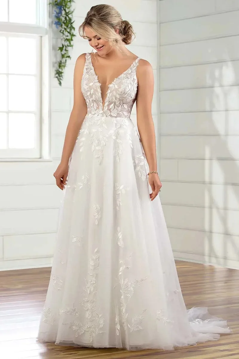 CloverBridal Gratis Aanpassen Diepe Halslijn Boheemse Trouwjurken Boho V Terug Bladvormen Kant 2024 Robe De Mariée WW8251