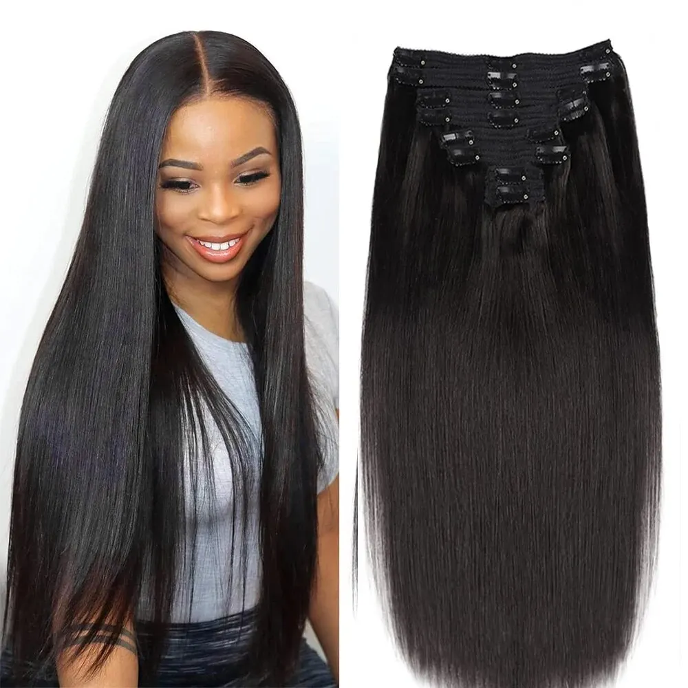 Straight Clip in Hair Extensions Double Weft 100% Unprocessed Full Head Brazilian Virgin Hair Natural Black Color for Women Clip