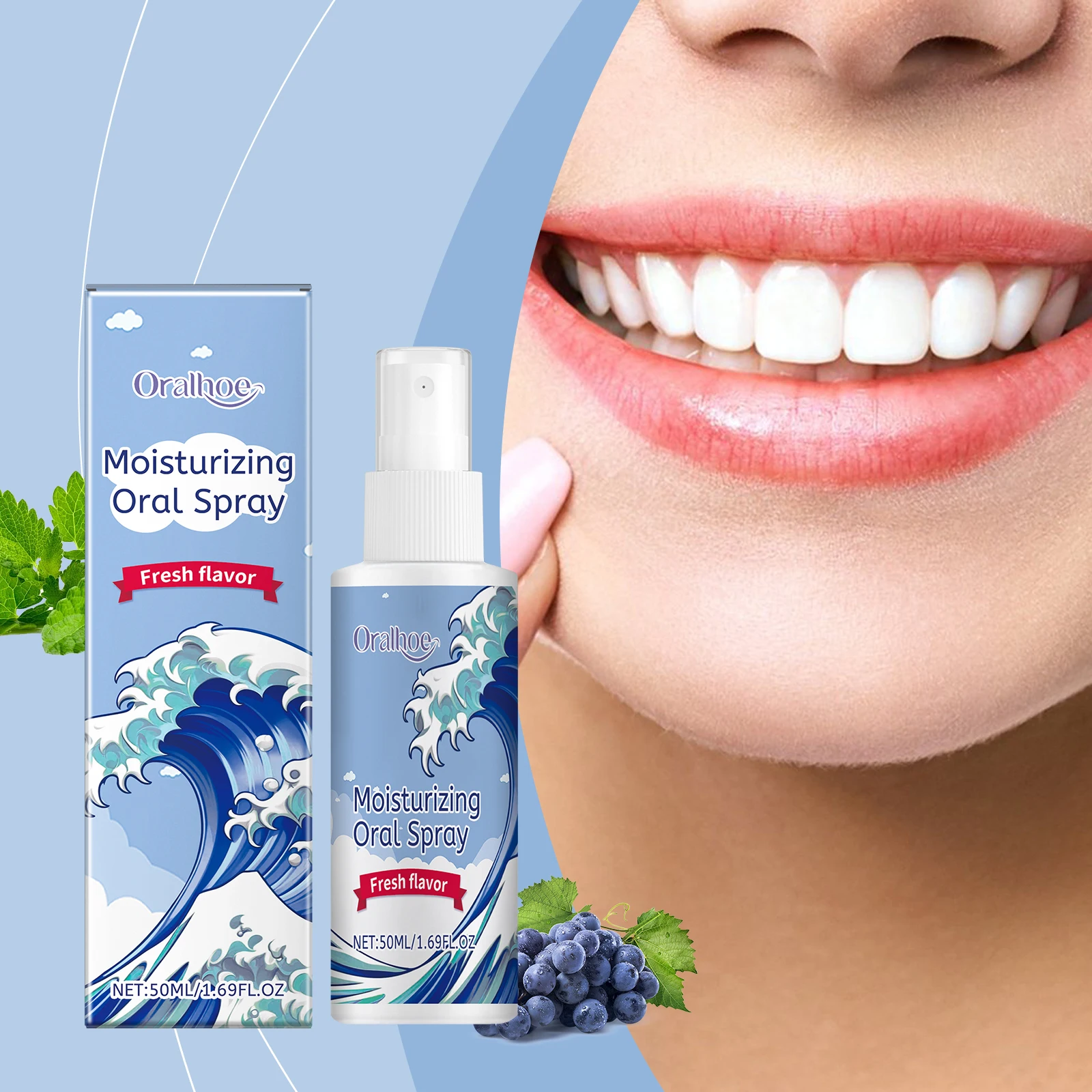 Oralhoe 50ml Nawilżający Spray do Ust Odświeżający Usta Usuwa Nieprzyjemny Zapach Uśmierzający Wysuszenie Miękkiej Dziąs Oralhoe o Smaku Mięty z Trwałym Zapachem Spray do Pielęgnacji Jamy Ustnej