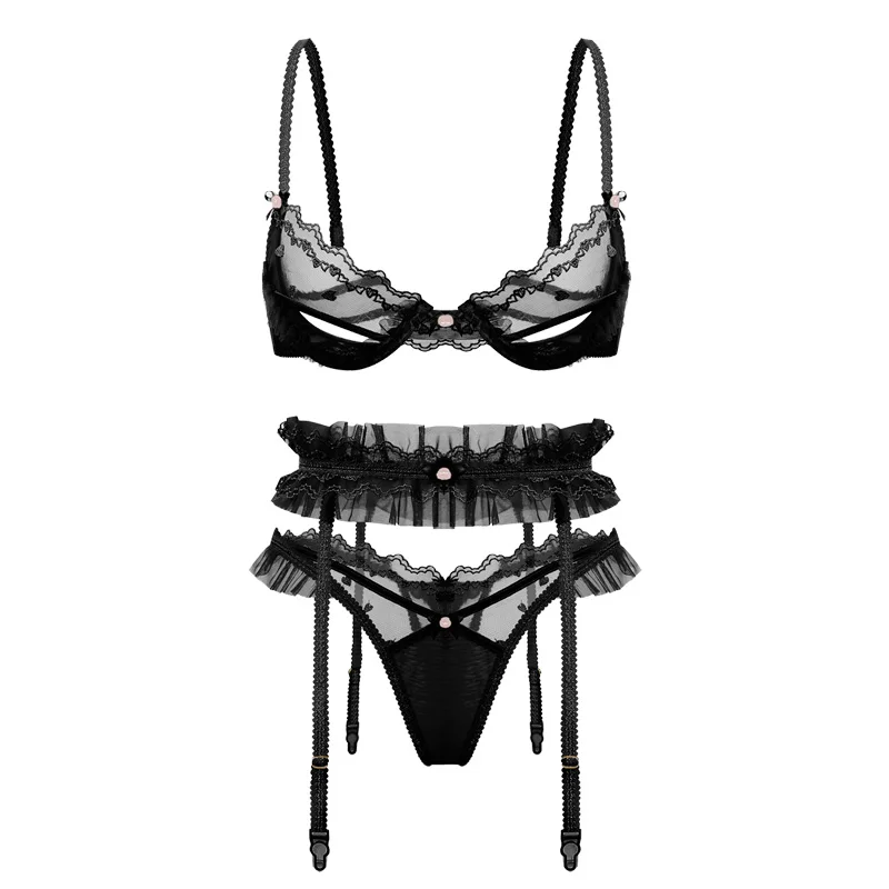 Sexy lingerie women\'s small chest gathered thin bra 3pcs underwear sets lace belt steel ring girl bra set garter belt