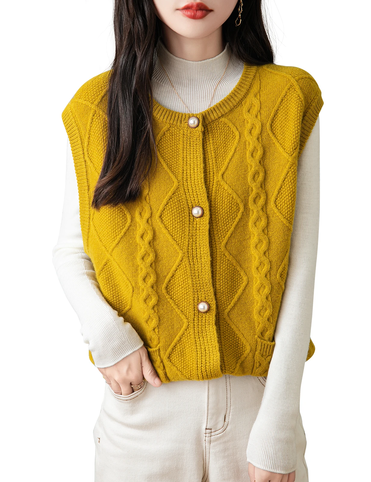 

Women's Sweater Vest 100% Merino Wool Sweater Vest 2024 Fall Winter Crew Neck Sleeveless Knit Sweater Cardigan Vintage Coat Tank