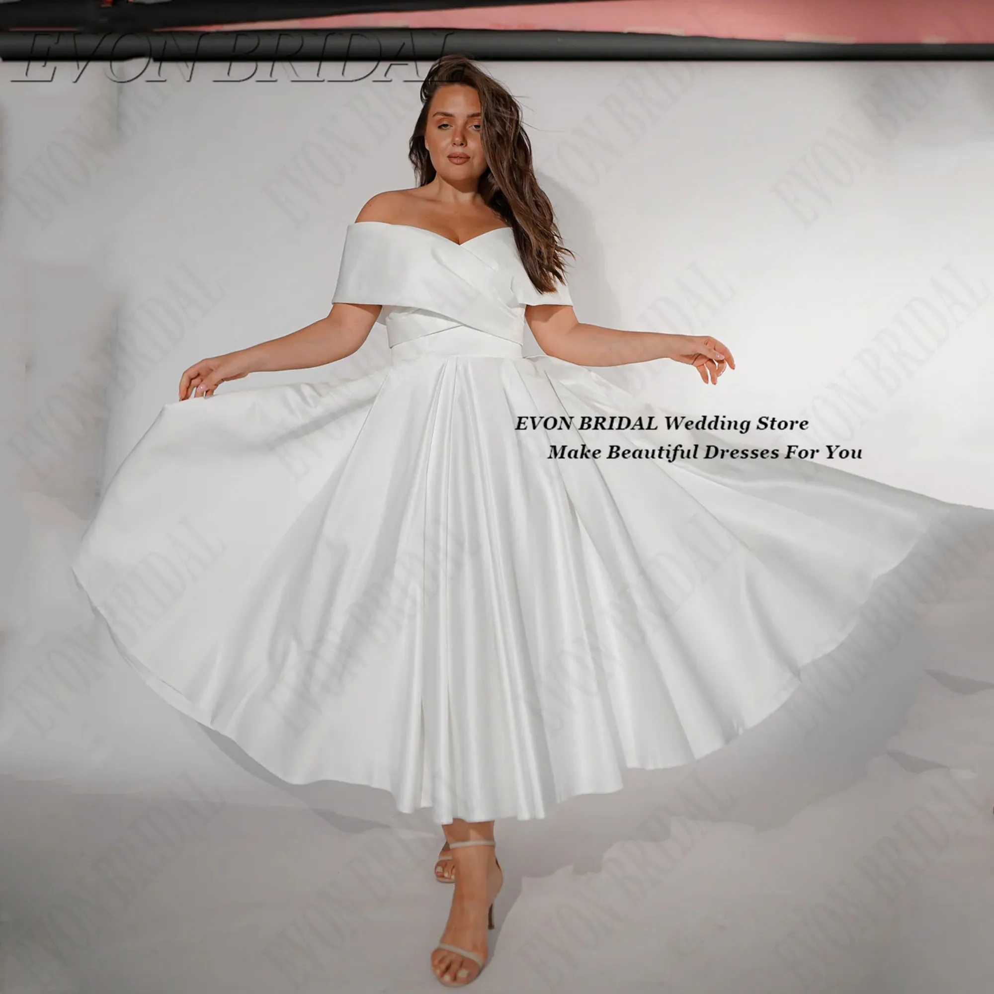

Ivory Satin Plus Size Wedding Dress Customized Short V Neck Bride Gown Off the Shoulder Wedding Gown With Pocket EVON BRIDAL