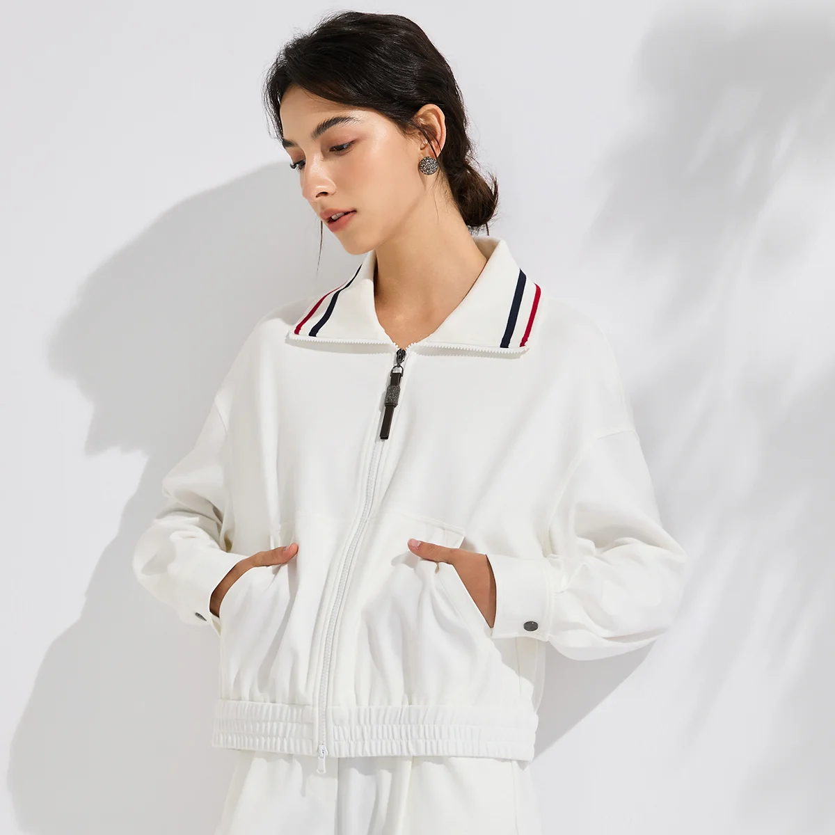 KL7613623 High End Women's Cotton Blend Sheepskin Zip Front Jacket Relaxed Fit Elegant Luxury Casual Outerwear