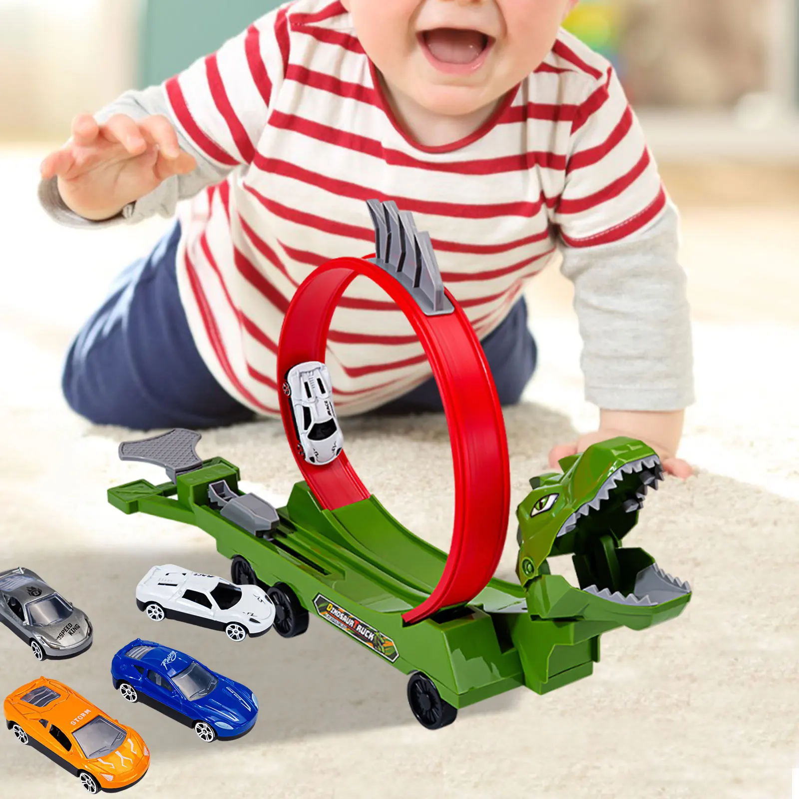 Juego de rampa de coche de carreras de juguete de pista de dinosaurio Flexible, juego de juguetes de coche transformador, rotación de 360 grados, juguete interactivo de empuje y Go, 5 uds.