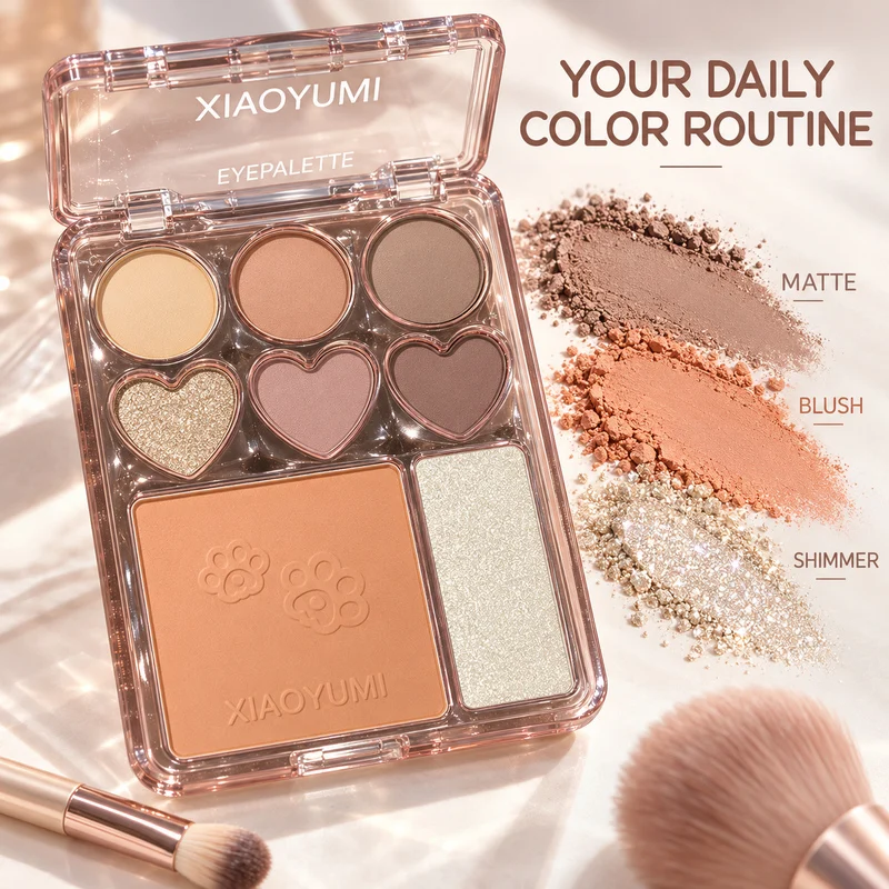 XIAOYUMI 8 Colors Eyeshadow Blush Palette 6 Eye Shades 2 Cheek Shades Matte Shimmer Highlighter Pink Peach Coral Nude Makeup Kit gallery 2