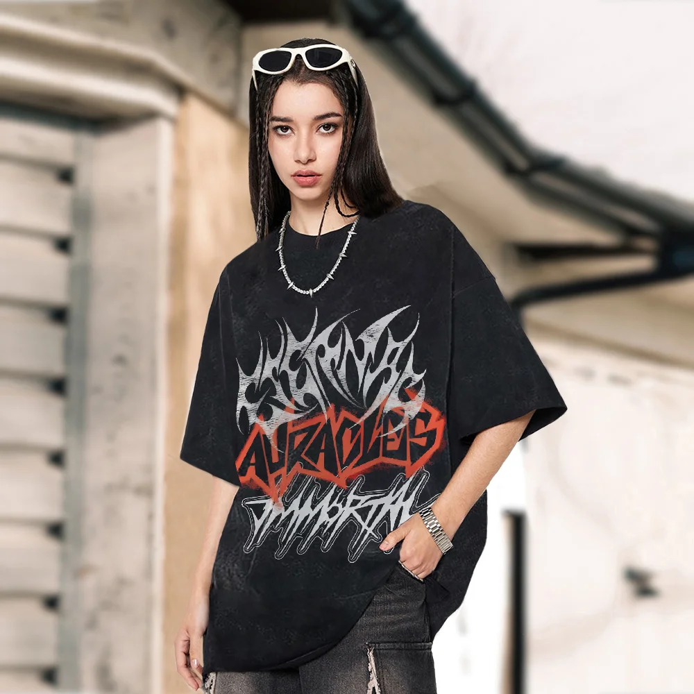 

White Flame Red Gothic Font Graphic Y2k Cuteore Print Casual Tee Retro Vibe Trendy Fabri Versatile Outdoo Summer Daily Top