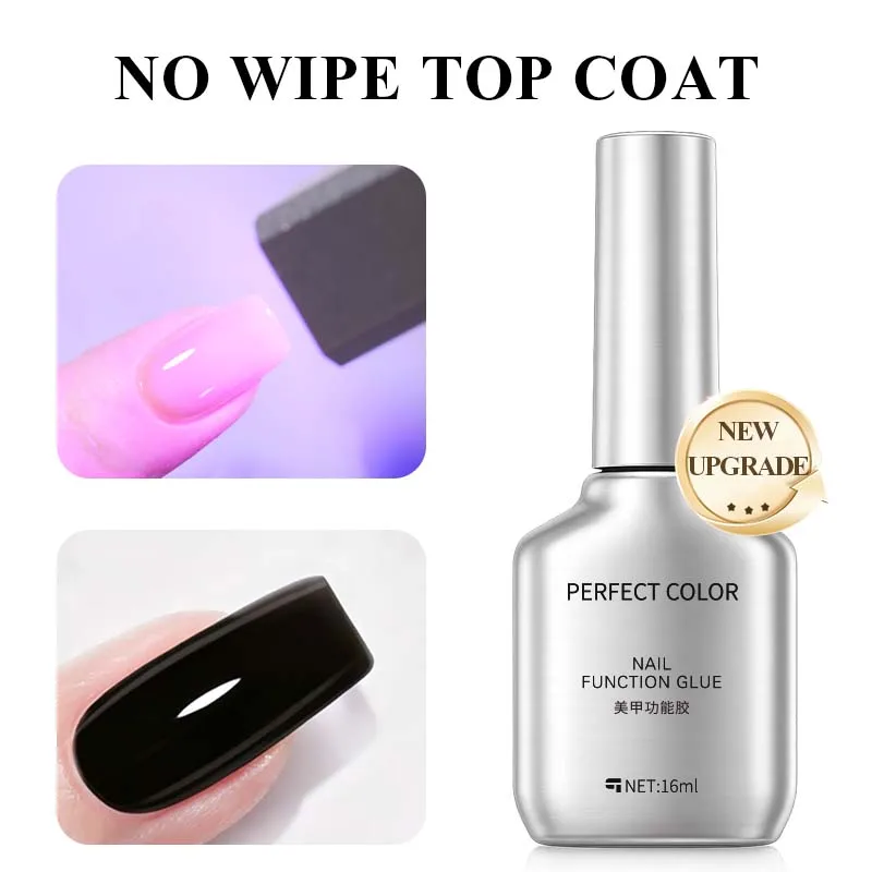 PERFECT COLOR No Wipe Top Coat 16ml, Kristallklarer No Wipe Gel, Ultra-Glanz-Finish, Schnell Härtend, UV-LED-Aushärtung