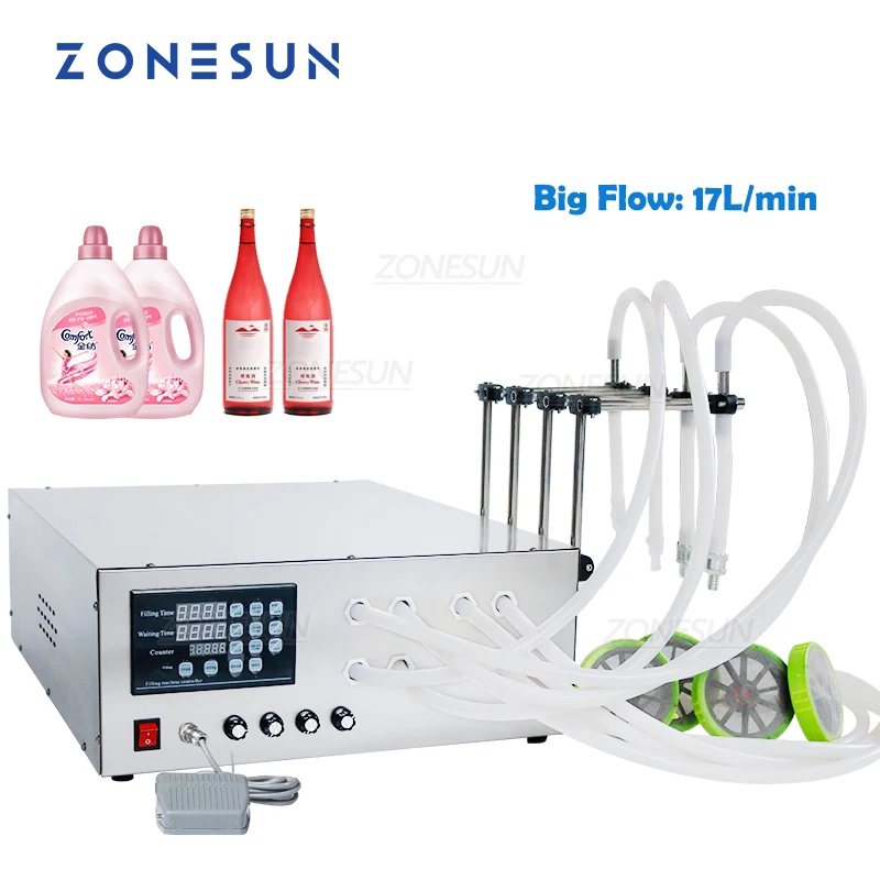 

ZONESUN 17L/min Semi-Automatic 4 Nozzle Edible Palm Oil Lotion Shampoo Detergent Bottle Liquid Filling Machine