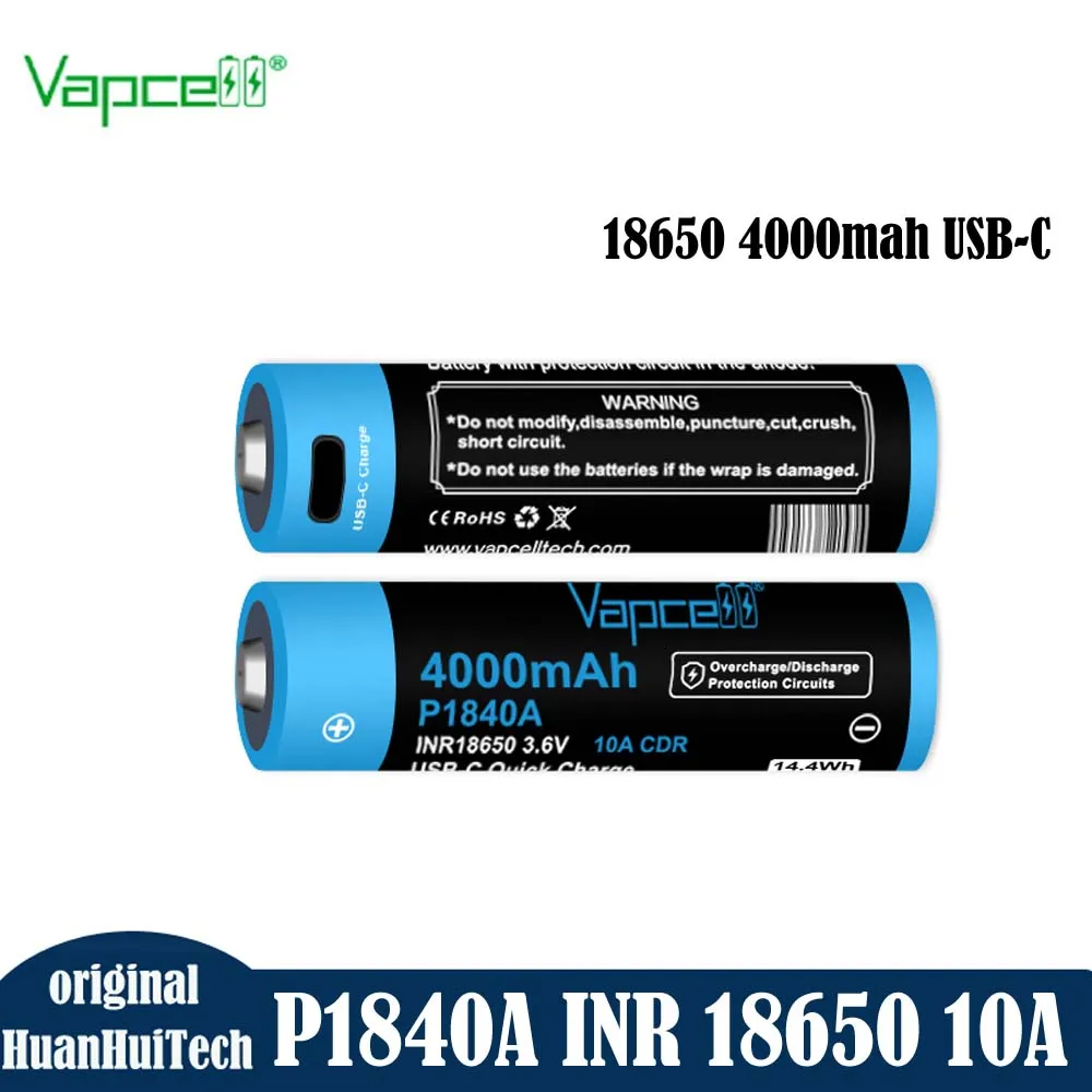 1-8pcs Original Vapcell P1840A 18650 Lithium Battery INR 18650 4000mAh 10A 3.6V USB-C Rechargeable Batteries For Flashlight