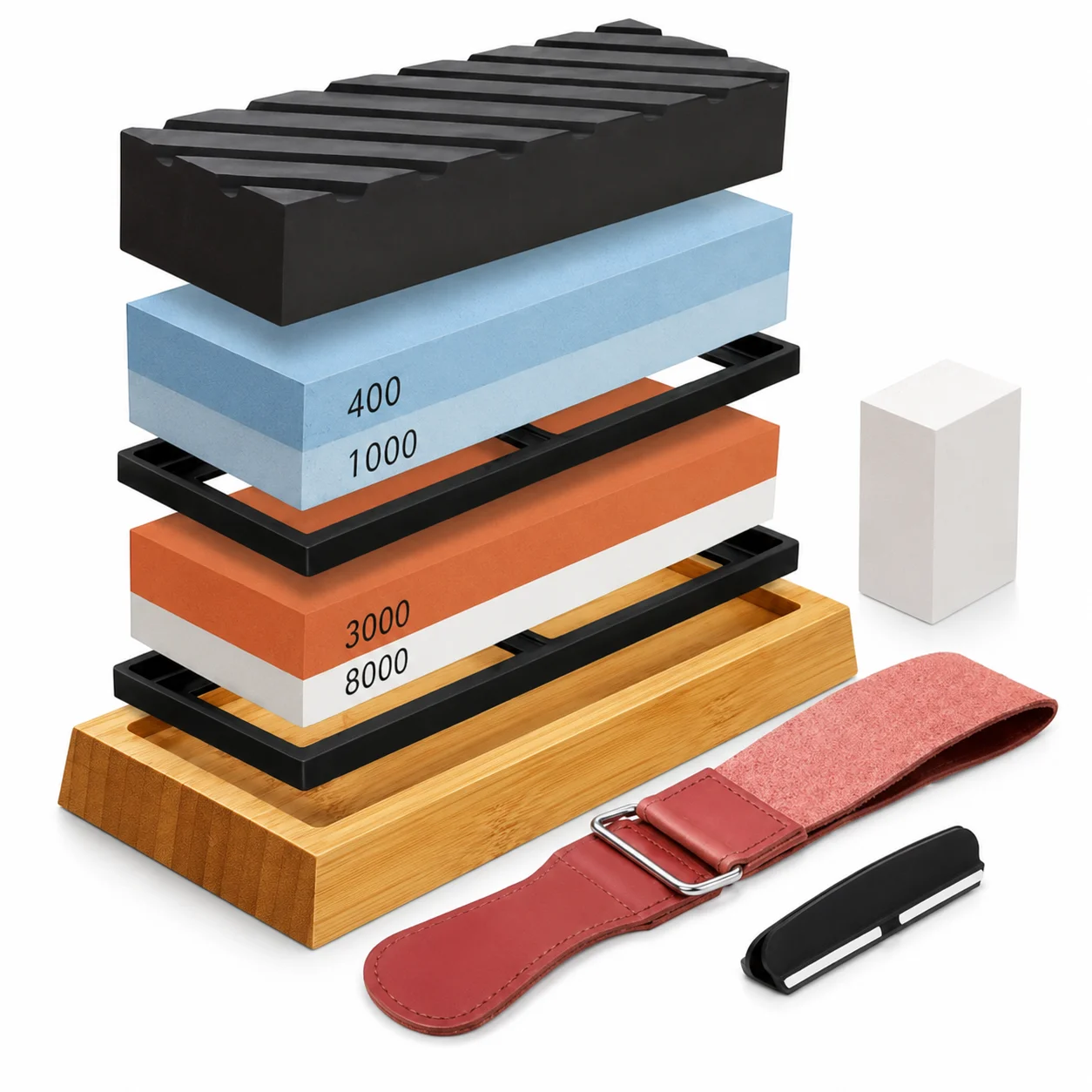 Waterstone Knife Sharpener Kit, Non-Slip Bamboo Base & Angle Guide, Complete Wet Stone Set for Sharpening, Polishing & Honing All Blade Types