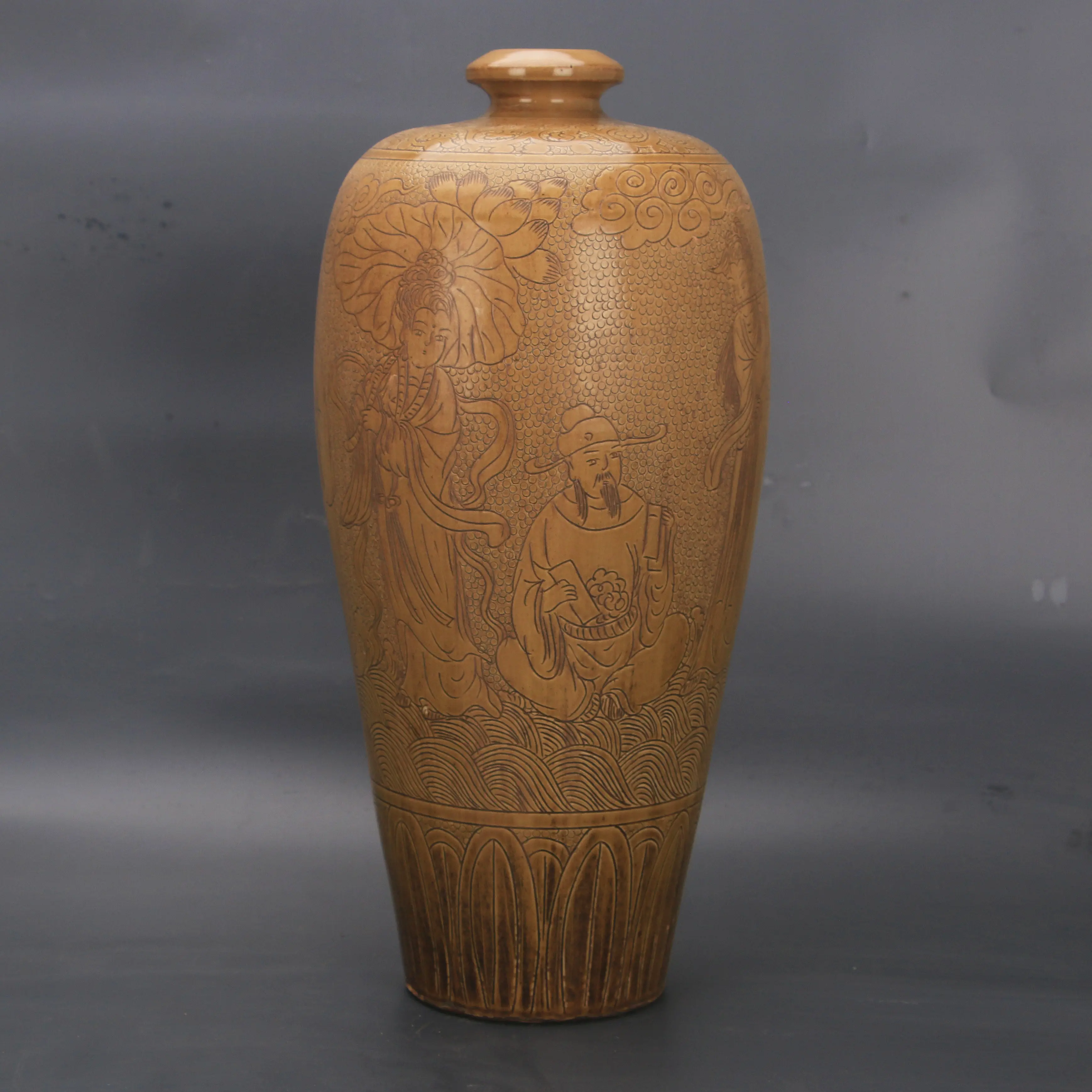 Song Cizhou Kiln Yellow Glaze Incised Eight Immortals Meiping Vase Antique Replica Porcelain Home Decor Collectible
