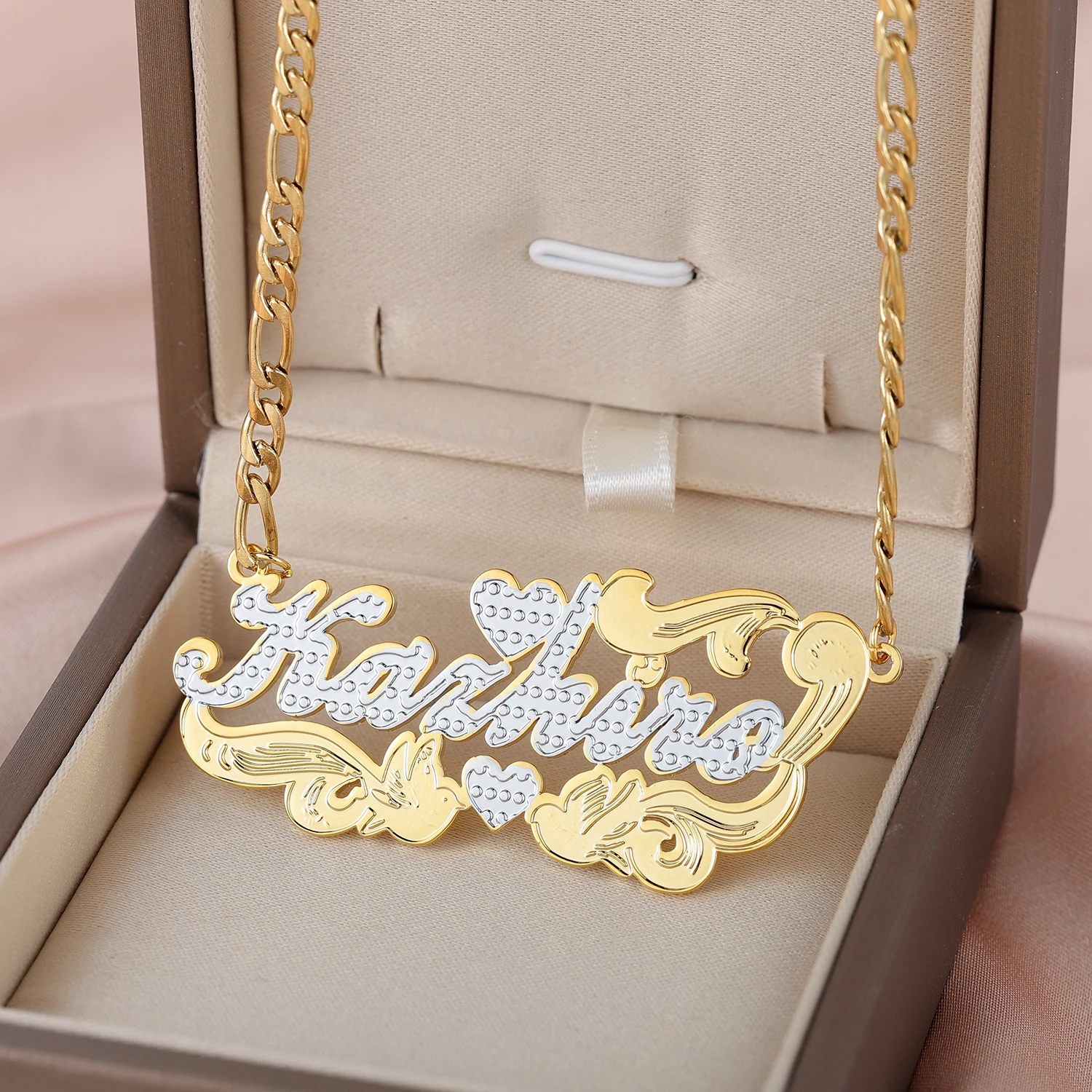 Custom Two Name Tone Heart Nameplate Necklace Cuban Link Chain Personalized Stainless Steel Gold Name Necklace Jewelry For Women